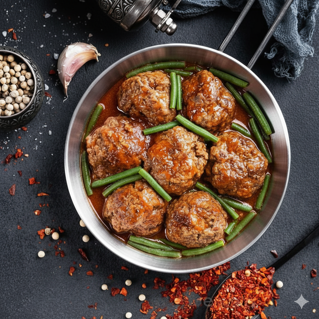 Meatballs with Green Beans in Moroccan Red Sauce
